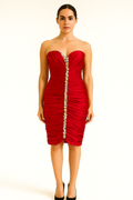 Strapless red ruched bodycon dress