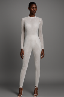 Sleek white long-sleeve fitted jumpsuit