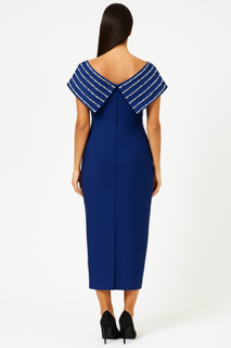 Navy off-shoulder fitted midi dress