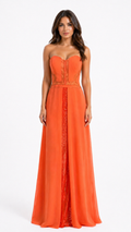 Bright orange strapless gown