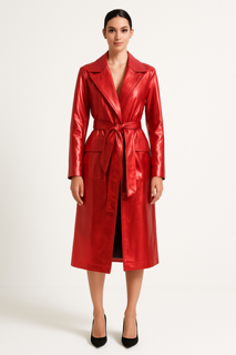 Red belted leather-like coat