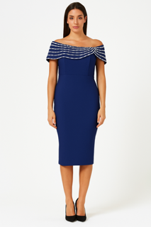 Navy off-shoulder fitted midi dress