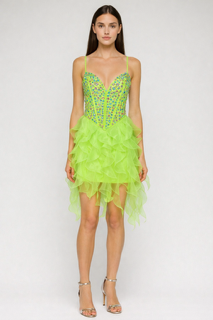 Neon green embellished mini dress