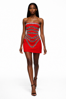 Red strapless mini dress